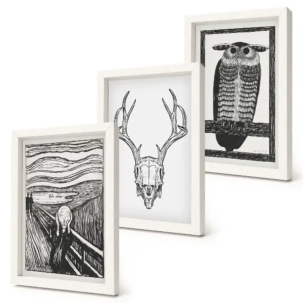 Stenska galerija slik zgrafičnim motivom kriku podobne lobanje in sove