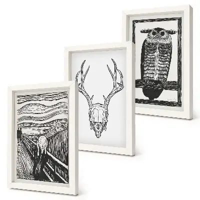 Stenska galerija slik zgrafičnim motivom kriku podobne lobanje in sove