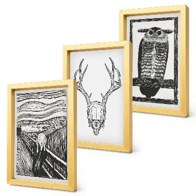 Stenska galerija slik zgrafičnim motivom kriku podobne lobanje in sove