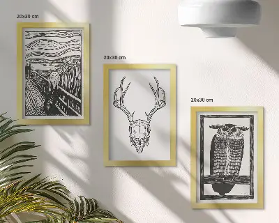 Stenska galerija slik zgrafičnim motivom kriku podobne lobanje in sove