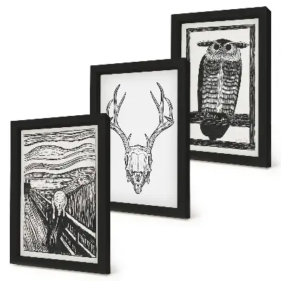 Stenska galerija slik zgrafičnim motivom kriku podobne lobanje in sove