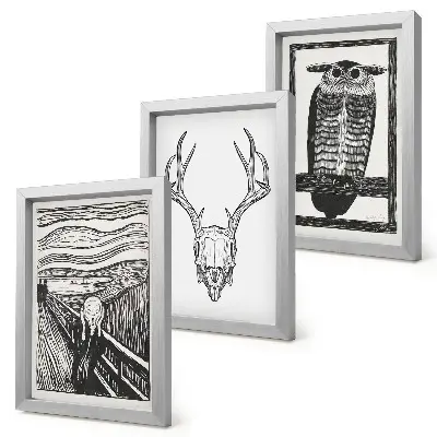 Stenska galerija slik zgrafičnim motivom kriku podobne lobanje in sove