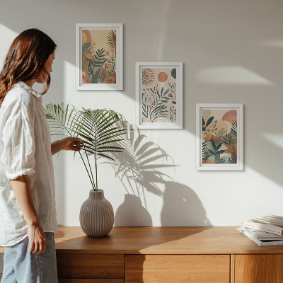 Set 3 slik v okvirju Rastlinski motivi v umirjenih barvah s krogi