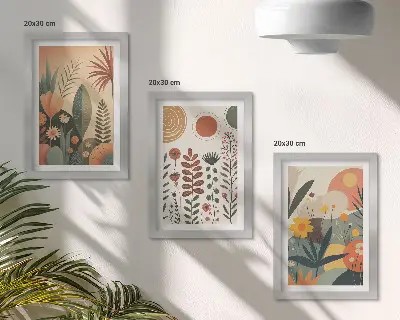 Stenska galerija slik z boho rastlinskimi vzorci in toplimi naravnimi odtenki