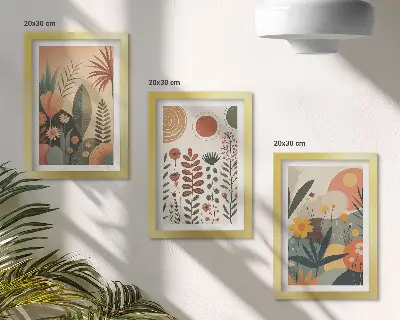 Stenska galerija slik z boho rastlinskimi vzorci in toplimi naravnimi odtenki