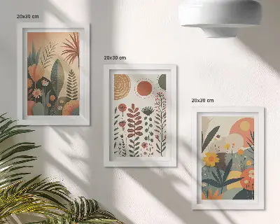 Stenska galerija slik z boho rastlinskimi vzorci in toplimi naravnimi odtenki