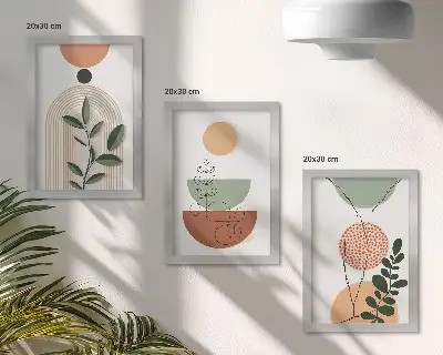Stenska galerija slik z abstraktnimi oblikami in barvitimi rastlinskimi motivi