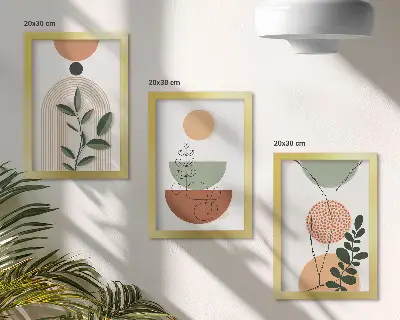 Stenska galerija slik z abstraktnimi oblikami in barvitimi rastlinskimi motivi