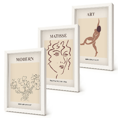 Set 3 slik v okvirju Elegantna grafika s cvetjem, obrazi in človeškimi figurami