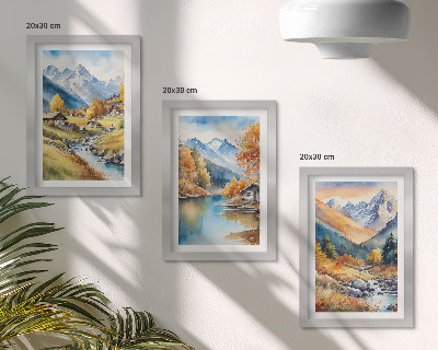 Komplet slik v okvirju Poslikane jesenske gore z reko in kočami