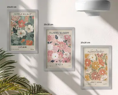 Stenska galerija slik cvetlični motivi ter plakati mest London, Tokio in Amsterdam