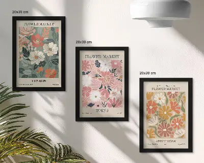 Stenska galerija slik cvetlični motivi ter plakati mest London, Tokio in Amsterdam