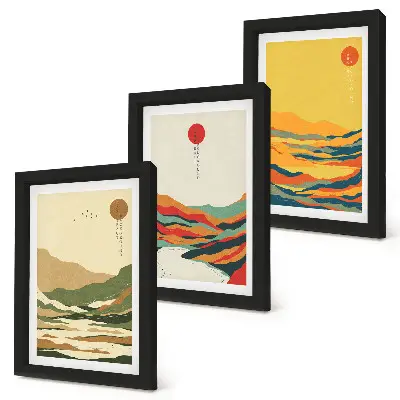 Komplet slik v okvirju z barvitimi vzorci gora in rek v japonskem slogu