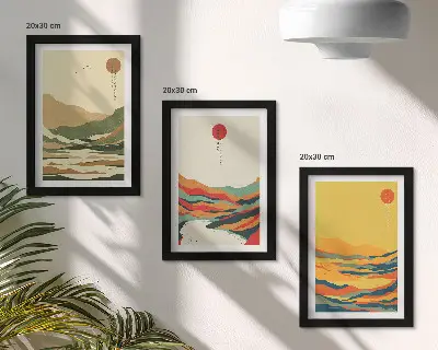 Komplet slik v okvirju z barvitimi vzorci gora in rek v japonskem slogu