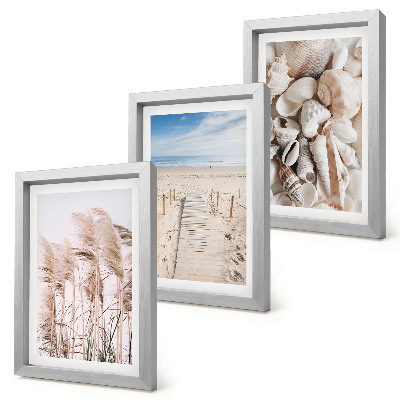 Set 3 slik v okvirju Peščena plaža z školjkami in morsko travo