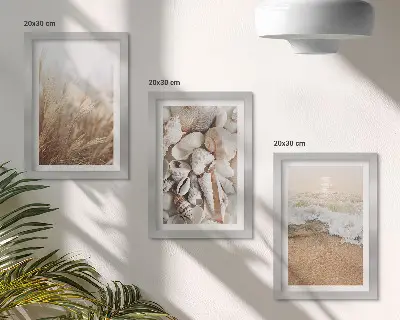 Stenska galerija slik z motivi plaže, školjk in morskih valov