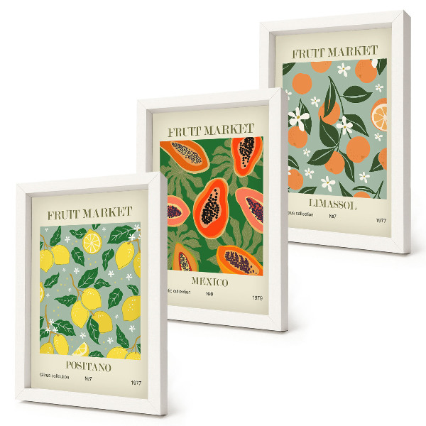 Set 3 slik v okvirju Sadni plakati limone papaje mandarine cvetovi