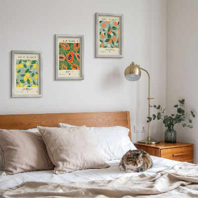 Set 3 slik v okvirju Sadni plakati limone papaje mandarine cvetovi