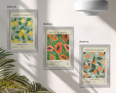 Set 3 slik v okvirju Sadni plakati limone papaje mandarine cvetovi