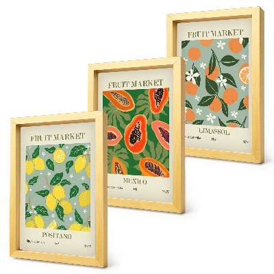 Set 3 slik v okvirju Sadni plakati limone papaje mandarine cvetovi