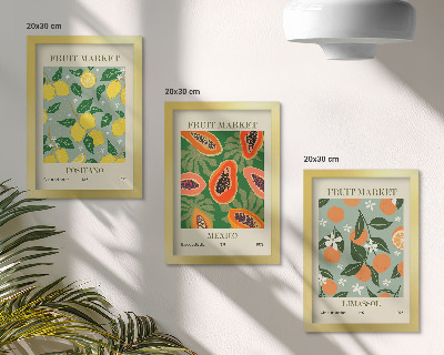 Set 3 slik v okvirju Sadni plakati limone papaje mandarine cvetovi