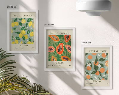 Set 3 slik v okvirju Sadni plakati limone papaje mandarine cvetovi