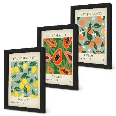 Set 3 slik v okvirju Sadni plakati limone papaje mandarine cvetovi