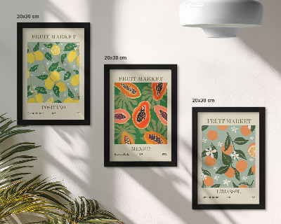Set 3 slik v okvirju Sadni plakati limone papaje mandarine cvetovi