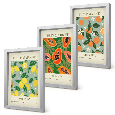 Set 3 slik v okvirju Sadni plakati limone papaje mandarine cvetovi