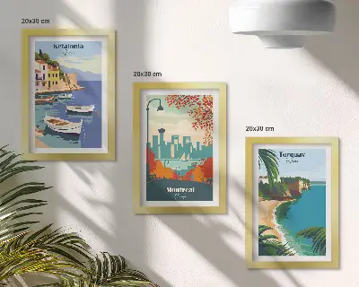 Komplet 3 slik v okvirju z motivi mestnih vedut in pokrajin iz Grčije, Kanade in Avstralije