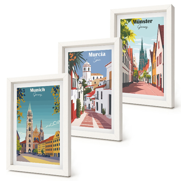 Set 3 slik v okvirju Evropska mesta v barvitih ilustracijah