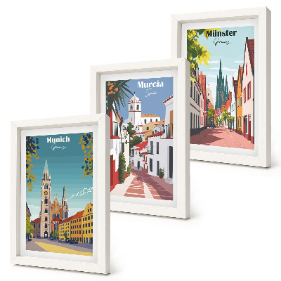 Set 3 slik v okvirju Evropska mesta v barvitih ilustracijah