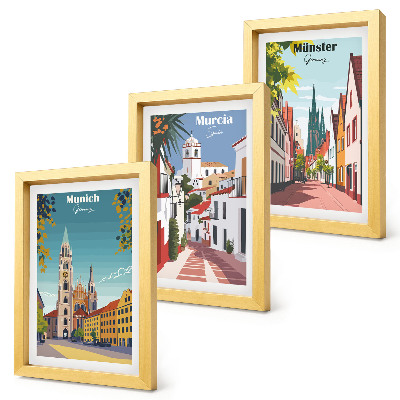 Set 3 slik v okvirju Evropska mesta v barvitih ilustracijah