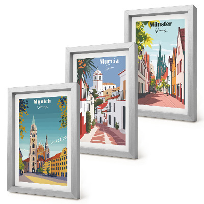 Set 3 slik v okvirju Evropska mesta v barvitih ilustracijah
