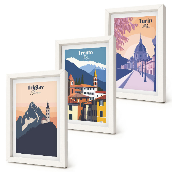 Stenska galerija slik Barvite ilustracije gora in retro arhitekture