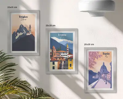 Stenska galerija slik z barvitimi ilustracijami gora in retro arhitekture