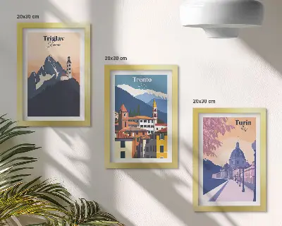 Stenska galerija slik z barvitimi ilustracijami gora in retro arhitekture