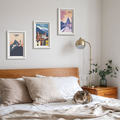Stenska galerija slik Barvite ilustracije gora in retro arhitekture