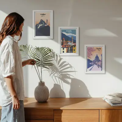 Stenska galerija slik z barvitimi ilustracijami gora in retro arhitekture