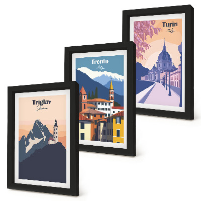 Stenska galerija slik Barvite ilustracije gora in retro arhitekture
