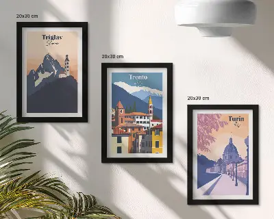 Stenska galerija slik z barvitimi ilustracijami gora in retro arhitekture