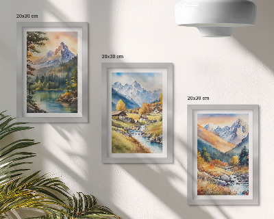 Stenska galerija slik Gorska pokrajina z reko in kočami v jesenskih barvah