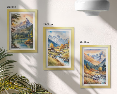 Stenska galerija slik Gorska pokrajina z reko in kočami v jesenskih barvah
