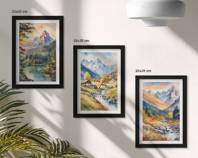 Stenska galerija slik Gorska pokrajina z reko in kočami v jesenskih barvah