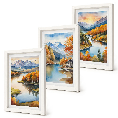 Stenska galerija slik Jesenske gorske pokrajine z reko in kočo ob vodi