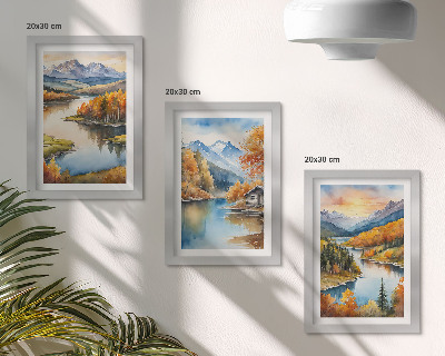 Stenska galerija slik Jesenske gorske pokrajine z reko in kočo ob vodi
