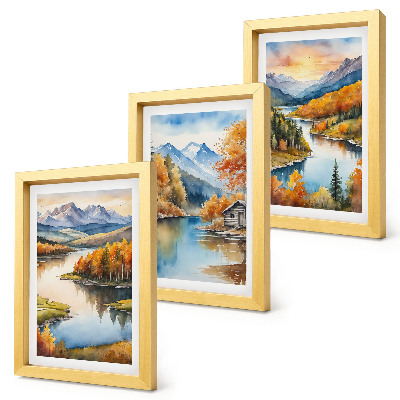 Stenska galerija slik Jesenske gorske pokrajine z reko in kočo ob vodi