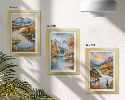 Stenska galerija slik Jesenske gorske pokrajine z reko in kočo ob vodi