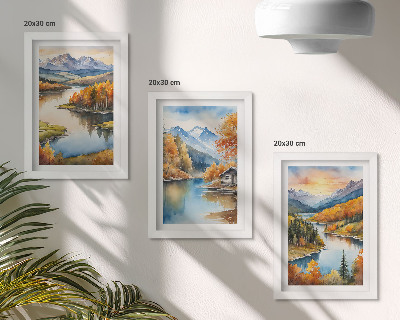 Stenska galerija slik Jesenske gorske pokrajine z reko in kočo ob vodi