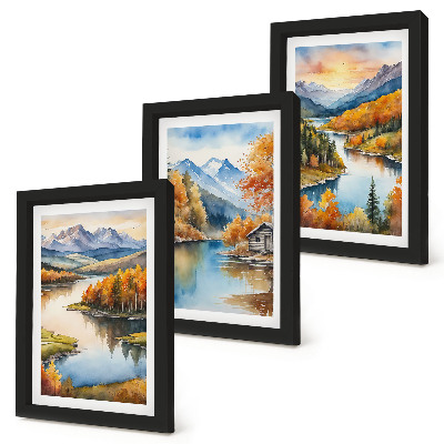 Stenska galerija slik Jesenske gorske pokrajine z reko in kočo ob vodi